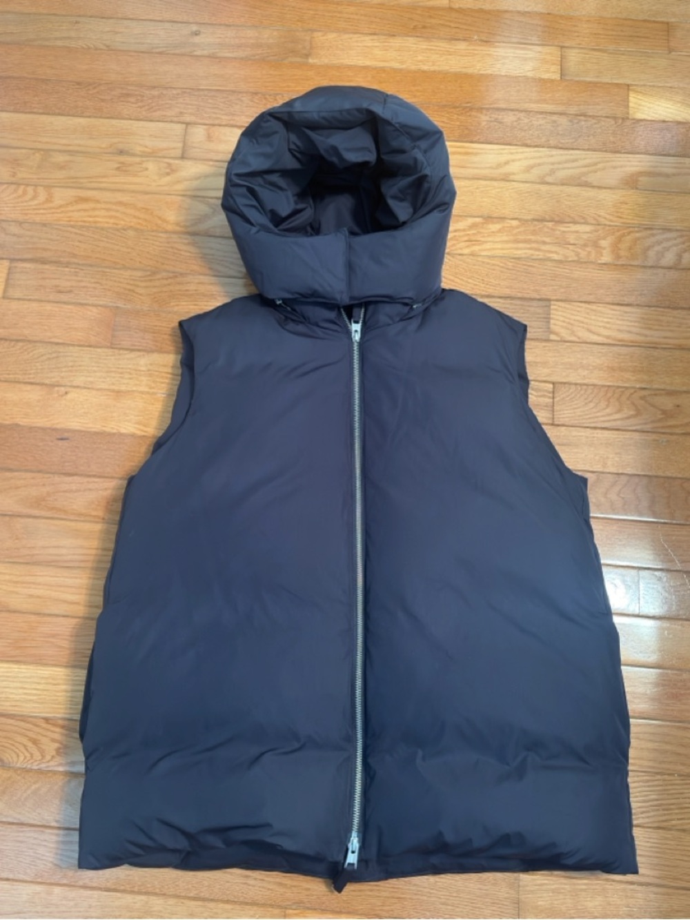 COS Black Puffer Vest with removable hood.